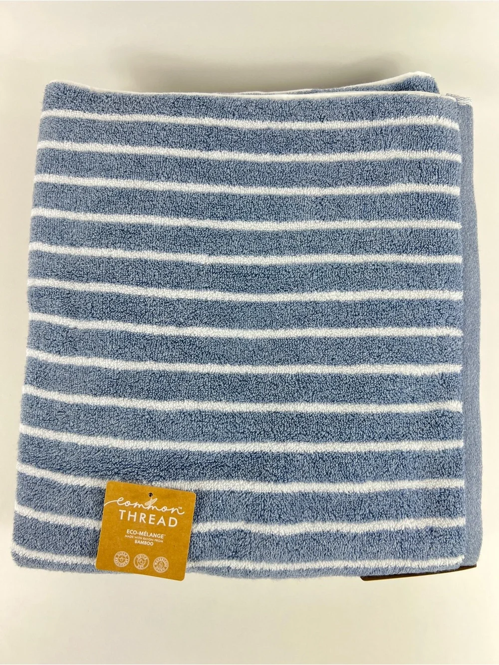 Common Thread Bath Towels Bamboo Blue White Wide Stripe Cotton 2 Pc Set NEW